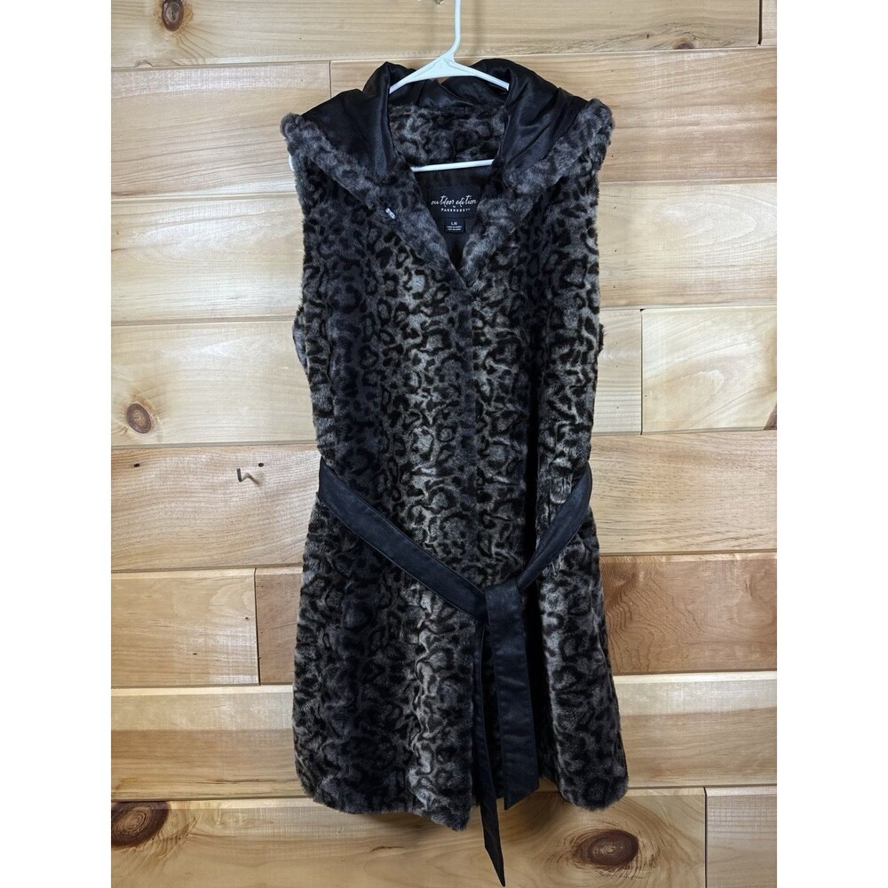 Outdoor Edition Parkhurst Faux Fur Hooded Vest Leopard Print Grey Black Large